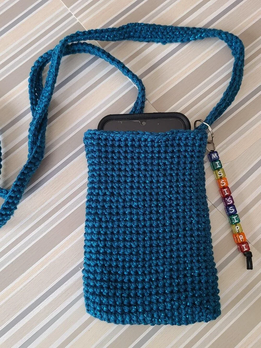 Hand Crochet Cell Phone Case Holder Crossbody Bag with Key Chain Teal Sparkling